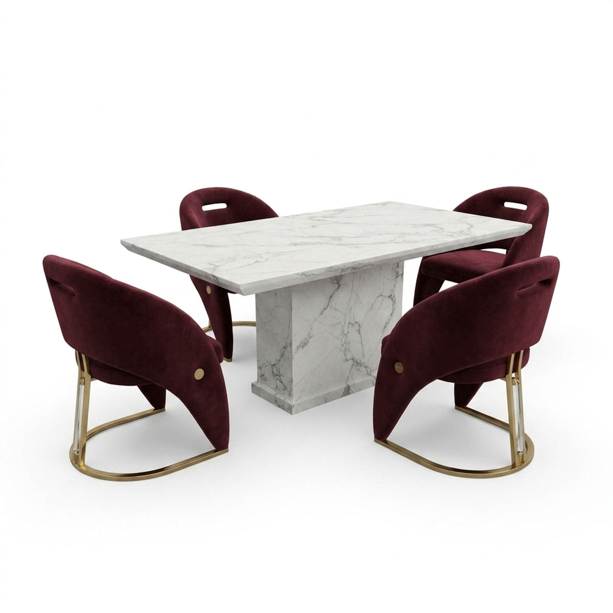Carpi Maroon Velvet Chairs White Marble 150cm Dining Set